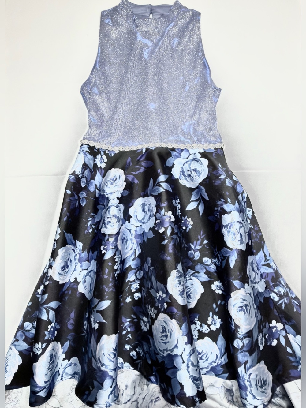 Speechless Girls' Shimmer Blue Bodice & Floral Satin High-Low Dress Sz 16
